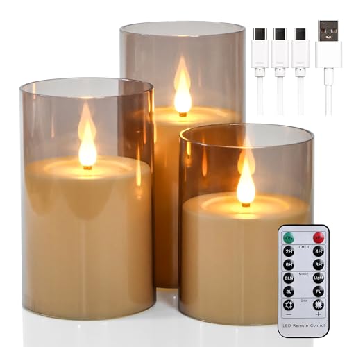yunsheng Wiederaufladbare LED Kerzen mit Fernbedienung und Timer, Aufladbar Flammenlose Kerzen, Flackernde Elektrische Säulenkerzen mit Acrylhülle und TYP-C Ladekabel, 3er Set (3 x 4/5/6 Zoll) von yunsheng