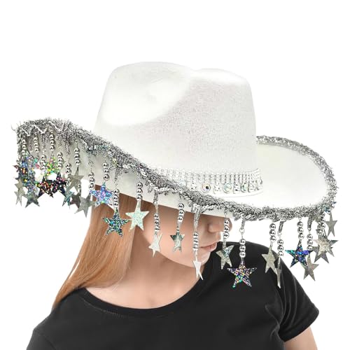 yupeuooe Cowgirl-Hut für Mädchen mit Quaste, Retro-Western-Thema, Kuhhut, glitzernde Kopfbedeckung mit fünfzackigen Sternquasten für Frauen, Maskerade-Event yupeuooe Cowgirl-Hut für Mädchen mit Quaste, Retro-Western-Thema, Kuhhut, glitzernde Kopfbedeckung mit fünfzackigen Sternquasten für Frauen, Maskerade-Event von yupeuooe
