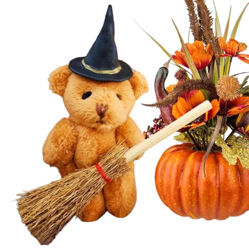 yupeuooe Hexenbär-Miniatur, Halloween-Dekoration, Plüschbär, Schreibtisch-Szenen-Requisite mit Kürbisbesen für Nachttisch, Fluchtraum, Schlafsaal, , Esstisch von yupeuooe