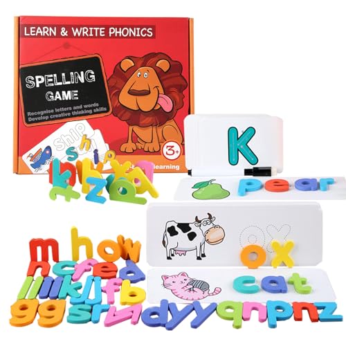 yupeuooe Holzzauber Lernspielzeug, Rechtschreibpuzzlespiel für Kinder | Briefe lesen passende Flash -Karten Spielzeug | Alphabet -Lernwerkzeug, pädagogische Flash -Karten, Wiederverwendbare Wortbauer von yupeuooe