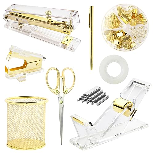 Gold Schreibtischzubehör, Bürobedarf-Set mit Acryl-Hefter, Klebebandabroller, Heftklammerentferner, Stifthalter, Schere, 1 Kugelschreiber, 1 durchsichtiges Klebeband und 1000 Stück Heftklammern Gold Schreibtischzubehör, Bürobedarf-Set mit Acryl-Hefter, Klebebandabroller, Heftklammerentferner, Stifthalter, Schere, 1 Kugelschreiber, 1 durchsichtiges Klebeband und 1000 Stück Heftklammern von yuun