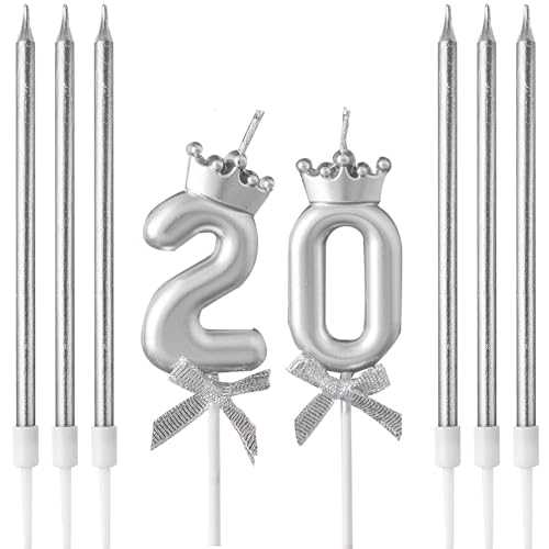 Kerzen zum 20. Geburtstag, Zahlenkerze für Kuchen, Geburtstagskerze, silberne Zahl 20, Krone, Schleife, 3D-Design, Hochzeitstag, Party, Kuchendekorationen, 6 Stück, silberfarben, lang, dünn, von yxmts
