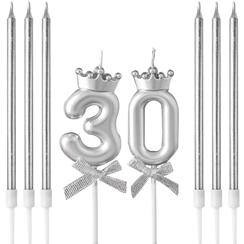 Kerzen zum 30. Geburtstag, Zahlenkerze für Kuchen, Geburtstagskerze, silberne Zahl 30, Krone, Schleife, 3D-Design, Hochzeitstag, Party, Kuchendekorationen, 6 Stück, silberfarben, lange dünne von yxmts