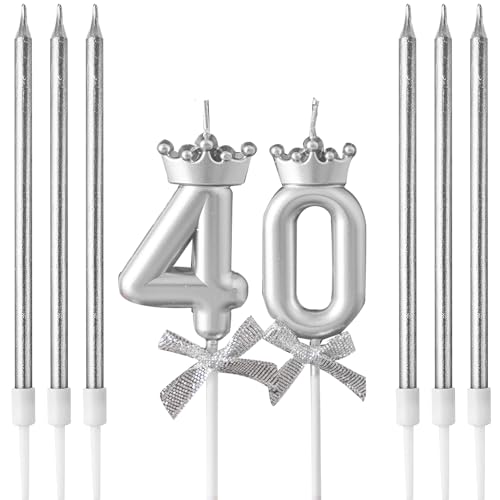 Kerzen zum 40. Geburtstag, Zahlenkerze für Kuchen, Geburtstagskerze, silberne Zahl 40, Krone, Schleife, 3D-Design, Hochzeitstag, Party, Kuchendekorationen, 6 Stück, silberfarben, lang, dünn, von yxmts