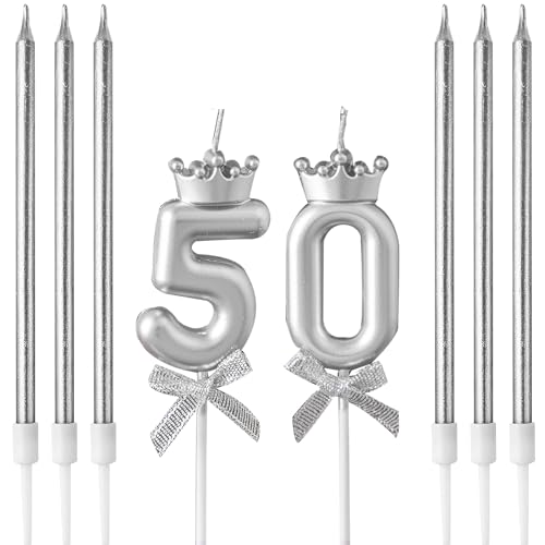 Kerzen zum 50. Geburtstag, Zahlenkerze für Kuchen, Geburtstagskerze, silberne Zahl 50, Krone, Schleife, 3D-Design, Hochzeitstag, Party, Kuchendekorationen, 6 Stück, silberfarben, lang, dünn, von yxmts