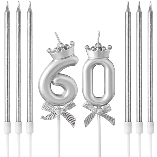 Kerzen zum 60. Geburtstag, Zahlenkerze für Kuchen, Geburtstagskerze, silberne Zahl 60, Krone, Schleife, 3D-Design, Hochzeitstag, Party, Kuchendekorationen, 6 Stück, silberfarben, lang, dünn, von yxmts