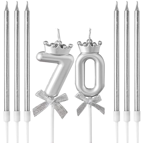 Kerzen zum 70. Geburtstag, Zahlenkerze für Kuchen, Geburtstagskerze, silberne Zahl 70, Kronenschleife, 3D-Design, Hochzeitstag, Party, Kuchendekorationen, 6 Stück, silberfarben, lang, dünn, von yxmts