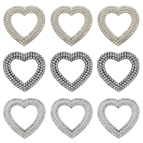 yyangz 9 Stück herzförmige durchbrochene Strass-Applikationen für Hochzeitskleider, formelle Kleidung, Stoffperlen-Patches, dreifarbiges DIY-Zubehör für Handtaschen, Sammelalben, Karten und von yyangz