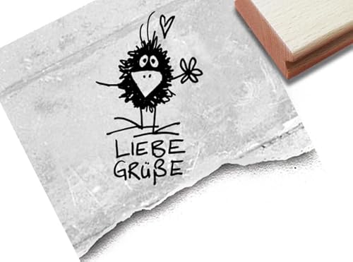 Stempel - T 16 10 - Textstempel LIEBE GRÜßE mit kleinem Raben, Blume und Herz - Motivstempel für Scrapbook Karten Deko und mehr - von zAcheR-fineT von zAcheR-fineT-design