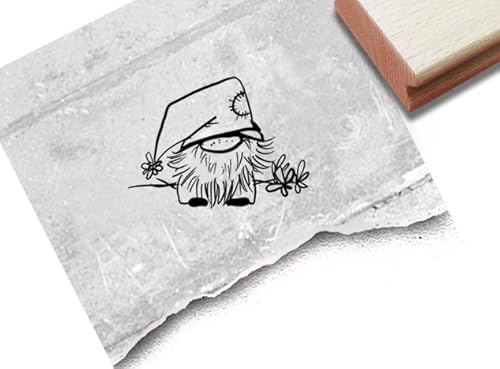 Stempel Wichtel mit Blumen - Motivstempel Gnom Gartenzwerg Wichtelstempel Karten Basteln Garten Deko Geschenk für Kinder Scrapbook - zAcheR-fineT (klein ca. 39 x 29 mm) von zAcheR-fineT-design