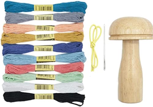 zalati Stopfpilz-Set mit 10 farbigen Fäden, Holzwerkzeug mit starkem Griff und abgestufter Krümmung zum Nähgarn, Socken, Pullover, Hosen, Hüte, Schals von zalati