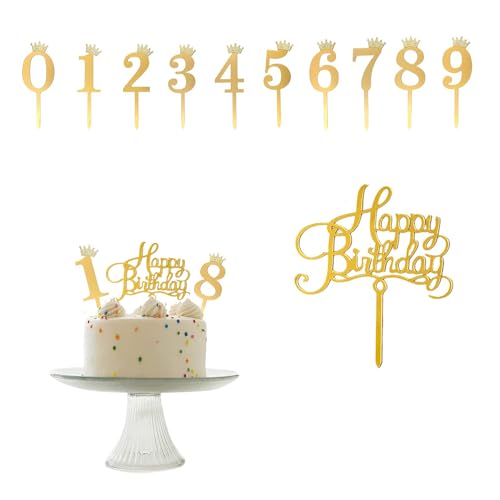 zalati Tortenaufsätze, 11 Stück, Acryl, personalisierbar mit Zahlenmuster und "Happy Birthday", für DIY-Backen-Mottoparty – 10 Zahlen und 1 Wort, Gold von zalati