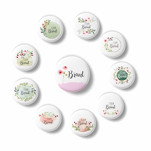 Team Braut Buttons – 10er Set für JGA | Anstecker mit Blumenmotiv | 1 Braut Button & 9 Team Buttons | Junggesellinnenabschied Accessoire Team Braut Buttons – 10er Set für JGA | Anstecker mit Blumenmotiv | 1 Braut Button & 9 Team Buttons | Junggesellinnenabschied Accessoire von zartbesaitet.com Schöne Produkte aus Papier