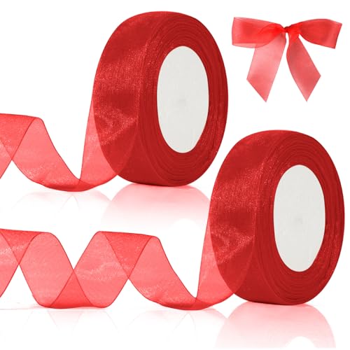 Rotes Organzaband, 2,5 cm x 45 m, für Geschenkverpackungen, transparentes Chiffonband, 2 Stück von zavehony