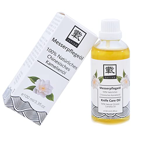 Zayiko Messerpflegeöl Messer Öl - 100 ml - Kamelienöl, 100% natürlich und lebensmittelecht - Schneidebrettöl & Echtholzgriffe - Holzpflegeöl - Korrosionsschutz für Damast, Carbonstahl & Edelstahl von zayiko