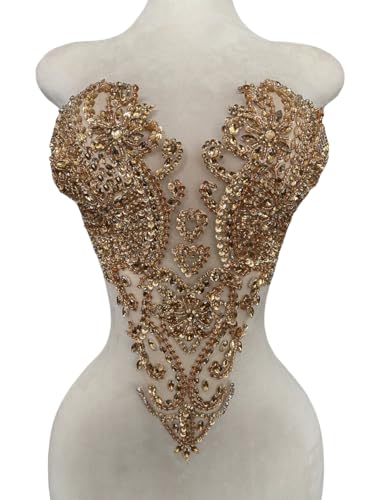 Zbroh Handgefertigte Mieder-Strass-Applikation, Nähen, Glasperlen, Steine, Kristallbesatz, Spitzenaufnäher für Kleid, Kleidung, Accessoires, 33 x 45 cm, Champagner Zbroh Handgefertigte Mieder-Strass-Applikation, Nähen, Glasperlen, Steine, Kristallbesatz, Spitzenaufnäher für Kleid, Kleidung, Accessoires, 33 x 45 cm, Champagner von zbroh