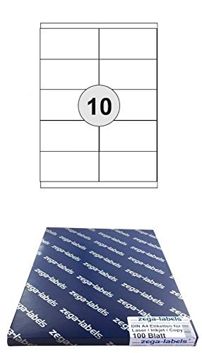 1.000 Etiketten 105 x 57 mm selbstklebend auf DIN A4 Bögen (2x5 Etiketten) - 100 Blatt Pack - Universell für Laser/Inkjet/Kopierer einsetzbar - 105x57 10-teilig von zega-labels