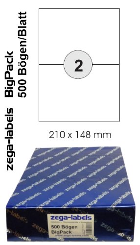 1.000 Etiketten 210 x 148 mm selbstklebend auf DIN A4 Bögen (1x2 Etiketten DIN A5) - 500 Blatt Bigpack - Universell für Laser/Inkjet/Kopierer einsetzbar von zega-labels