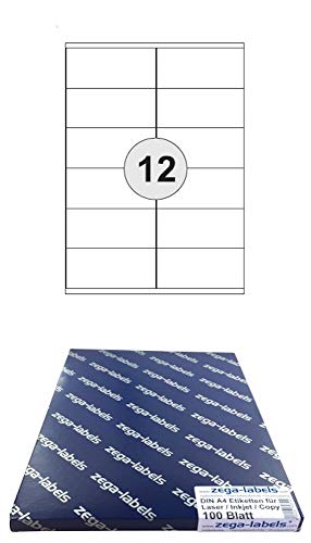 1.200 Etiketten 105 x 48 mm selbstklebend auf DIN A4 Bögen (2x6 Etiketten) - 100 Blatt Pack - Universell für Laser/Inkjet/Kopierer einsetzbar - 105x48mm 12-teilig von zega-labels