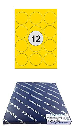 1.200 Etiketten 60 mm rund GELB selbstklebend auf DIN A4 Bögen (3x4 Etiketten) - 100 Blatt Pack - Universell für Laser/Inkjet/Kopierer/Farblaser einsetzbar - 60mm Durchmesser 12-teilig von zega-labels