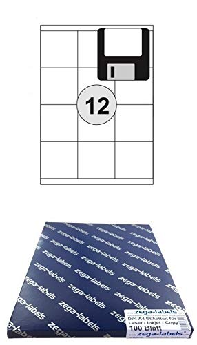 1.200 Etiketten 70 x 67,7 mm selbstklebend auf DIN A4 Bögen (3x4 Etiketten) - 100 Blatt Pack - Universell für Laser/Inkjet/Kopierer einsetzbar - 70x67mm 12-teilig von zega-labels