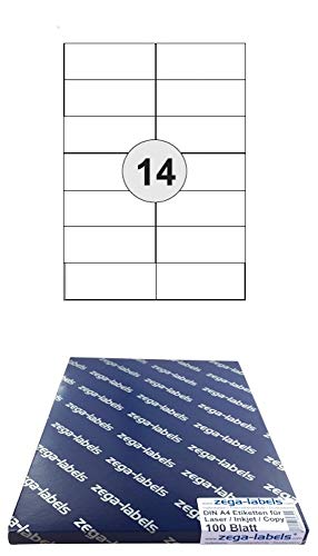 1.400 Etiketten 105 x 42,3 mm selbstklebend auf DIN A4 Bögen (2x7 Etiketten) - 100 Blatt Pack - Universell für Laser/Inkjet/Kopierer einsetzbar - 105x42mm 14-teilig von zega-labels