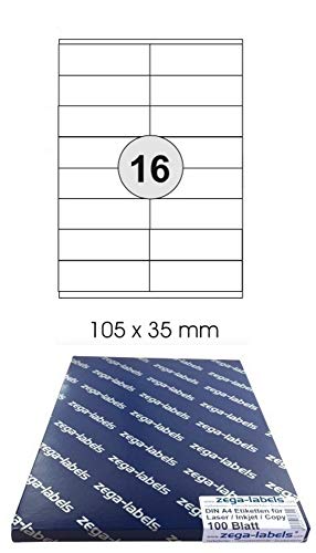 1.600 Etiketten 105 x 35 mm selbstklebend auf DIN A4 Bögen (2x8 Etiketten) - 100 Blatt Pack - Universell für Laser/Inkjet/Kopierer einsetzbar - 105x35mm 16-teilig von zega-labels