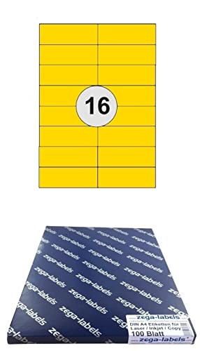 1.600 Etiketten 105 x 37 mm GELB selbstklebend auf DIN A4 Bögen (2x8 Etiketten) - 100 Blatt Pack - Universell für Laser/Inkjet/Kopierer einsetzbar - 105x37mm 16-teilig von zega-labels