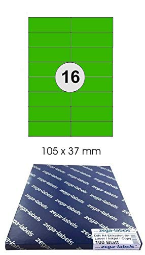 1.600 Etiketten 105 x 37 mm GRÜN selbstklebend auf DIN A4 Bögen (2x8 Etiketten) - 100 Blatt Pack - Universell für Laser/Inkjet/Kopierer einsetzbar - 105x37mm 16-teilig von zega-labels