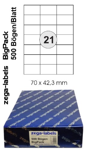 10.500 Etiketten 70 x 42 mm selbstklebend auf DIN A4 Bögen (3x7 Etiketten) - 500 Blatt Bigpack - Universell für Laser/Inkjet/Kopierer einsetzbar - 70x42mm 21-teilig von zega-labels