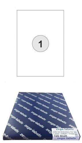 100 Etiketten 210 x 297 mm wetterfeste Polyester Folie - Transparent matt - stark haftend auf DIN A4 Bögen (1 Etikett DIN A4) - 100 Blatt Pack - Universell für Laser/Farblaser - 210x297mm - 1-teilig von zega-labels