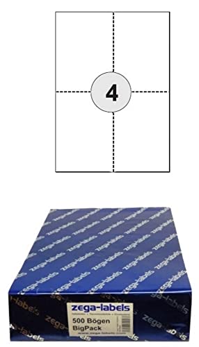 2.000 Etiketten 105 x 148 mm perforiert und selbstklebend auf DIN A4 Bögen (2x2 Etiketten DIN A6) - 500 Blatt Bigpack - mit zusätzlicher Rückseiten Perforation zum Abreissen - f. Laser/Inkjet/Kopierer von zega-labels