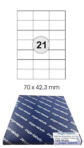 2.100 Etiketten 70 x 42,3 mm - zega Xtreme - EXTRA STARK HAFTEND - auf DIN A4 Bögen (3x7 Etiketten) - 100 Blatt Pack - Universell für Laser/Inkjet/Kopierer einsetzbar - 70x42mm 21-teilig von zega-labels