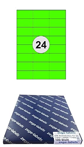 2.400 Etiketten 70 x 37 mm GRÜN selbstklebend auf DIN A4 Bögen (3x8 Etiketten) - 100 Blatt Pack - Universell für Laser/Inkjet/Kopierer einsetzbar - 70x37mm 24-teilig von zega-labels