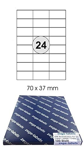 2.400 Etiketten 70 x 37 mm selbstklebend auf DIN A4 Bögen (3x8 Etiketten) - 100 Blatt Pack - Universell für Laser/Inkjet/Kopierer einsetzbar - 70x37mm 24-teilig von zega-labels