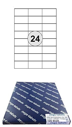 2.400 Etiketten 70 x 37 mm wetterfeste Polyester Folie weiss matt stark haftend auf DIN A4 Bögen (3x8 Etiketten) - 100 Blatt Pack - Universell für Laser/Farblaser einsetzbar - 70x37mm - 24-teilig von zega-labels
