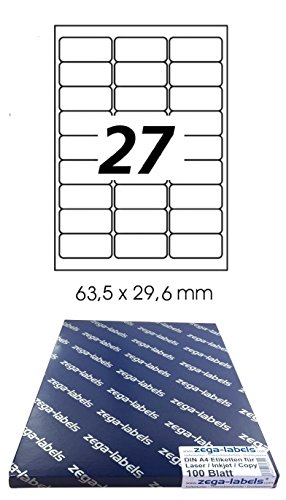 2.700 Etiketten 63,5 x 29,6 mm selbstklebend für Amazon FBA Versand auf DIN A4 Bögen (3x9 Etiketten) - 100 Blatt Pack - Universell für Laser/Inkjet/Kopierer/Farblaser einsetzbar - 63x29 27-teilig von zega-labels