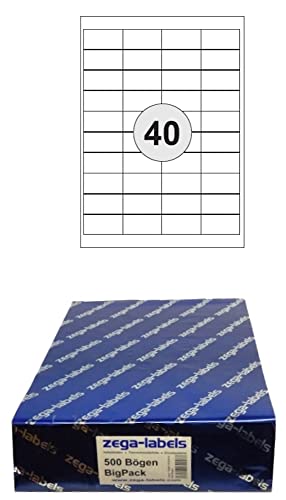 20.000 Etiketten 48,5 x 25,4 mm selbstklebend auf DIN A4 Bögen (4x10 Etiketten) - 500 Blatt Bigpack - Universell für Laser/Inkjet/Kopierer/Farblaser einsetzbar - 48x25mm 40-teilig von zega-labels