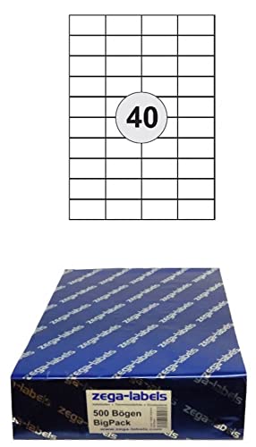 20.000 Etiketten 52,5 x 29,7 mm selbstklebend auf DIN A4 Bögen (4x10 Etiketten) - 500 Blatt Bigpack - Universell für Laser/Inkjet/Kopierer/Farblaser einsetzbar - 52x29mm 40-teilig von zega-labels