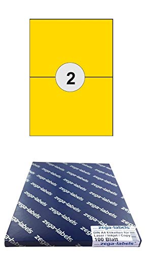 200 Etiketten 210 x 148 mm GELB selbstklebend auf DIN A4 Bögen (1x2 Etiketten) - 100 Blatt Pack - Universell für Laser/Inkjet/Kopierer/Farblaser einsetzbar - 210x148mm 2-teilig von zega-labels