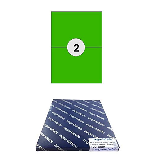 200 Etiketten 210 x 148 mm GRÜN selbstklebend auf DIN A4 Bögen (1x2 Etiketten) - 100 Blatt Pack - Universell für Laser/Inkjet/Kopierer/Farblaser einsetzbar - 210x148mm 2-teilig von zega-labels