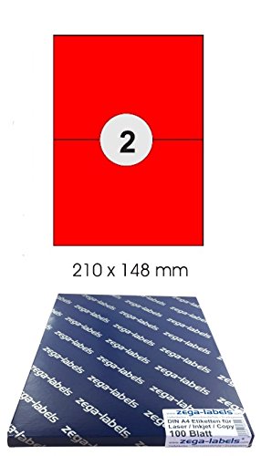200 Etiketten 210 x 148 mm ROT selbstklebend auf DIN A4 Bögen (1x2 Etiketten) - 100 Blatt Pack - Universell für Laser/Inkjet/Kopierer/Farblaser einsetzbar - 210x148mm 2-teilig von zega-labels