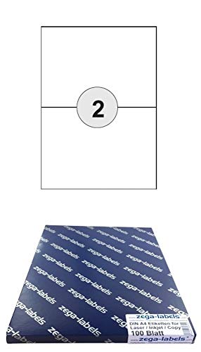 200 Etiketten 210 x 148 mm selbstklebend auf DIN A4 Bögen (1x2 Etiketten DIN A5) - 100 Blatt Pack - Universell für Laser/Inkjet/Kopierer einsetzbar - 210x148mm 2-teilig von zega-labels