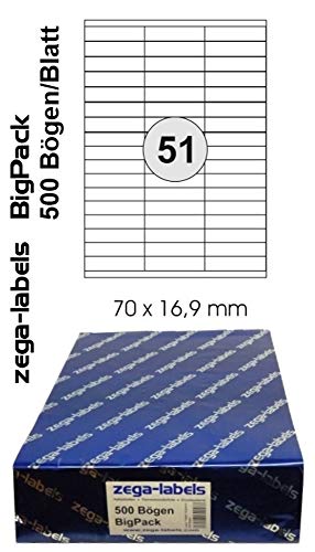 25.500 Etiketten 70 x 16,9 mm selbstklebend auf DIN A4 Bögen (3x17 Etiketten) - 500 Blatt Bigpack - Universell für Laser/Inkjet/Kopierer/Farblaser einsetzbar - 70x16mm 51-teilig von zega-labels