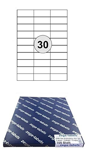 3.000 Etiketten 70 x 29,7 mm selbstklebend auf DIN A4 Bögen (3x10 Etiketten) - 100 Blatt Pack - Universell für Laser/Inkjet/Kopierer einsetzbar - 70x29mm 30-teilig von zega-labels