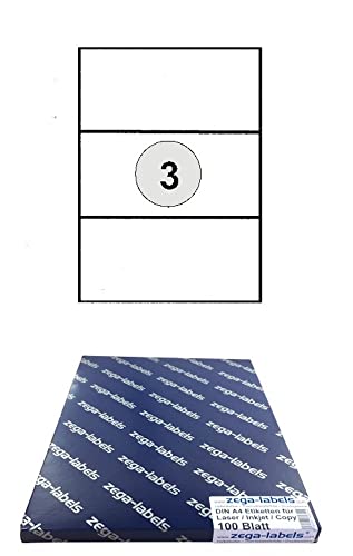 300 Etiketten 210 x 99 mm selbstklebend auf DIN A4 Bögen (1x3 Etiketten) - 100 Blatt Pack - Universell für Laser/Inkjet/Kopierer/Farblaser einsetzbar - 210x99 3-teilig von zega-labels