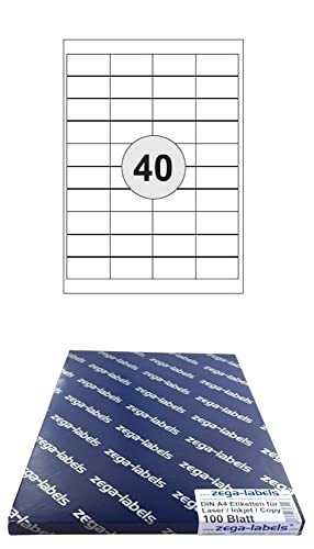 4.000 Etiketten 48,5 x 25,4 mm selbstklebend auf DIN A4 Bögen (4x10 Etiketten) - 100 Blatt Pack - Universell für Laser/Inkjet/Kopierer/Farblaser einsetzbar - 48x25mm 40-teilig von zega-labels