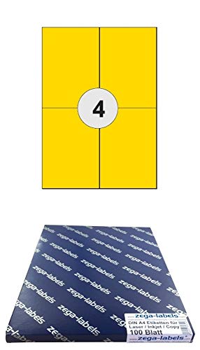 400 Etiketten 105 x 148 mm GELB selbstklebend auf DIN A4 Bögen (2x2 Etiketten) - 100 Blatt Pack - Universell für Laser/Inkjet/Kopierer/Farblaser einsetzbar - 105x148mm 4-teilig von zega-labels