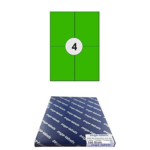 400 Etiketten 105 x 148 mm GRÜN selbstklebend auf DIN A4 Bögen (2x2 Etiketten) - 100 Blatt Pack - Universell für Laser/Inkjet/Kopierer/Farblaser einsetzbar - 105x148mm 4-teilig von zega-labels