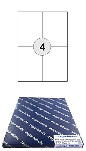 400 Etiketten 105 x 148 mm WIEDER ABLÖSBAR auf DIN A4 Bögen (2x2 Etiketten DIN A6) - 100 Blatt Pack - Universell für Laser/Inkjet/Kopierer/Farblaser einsetzbar 4-teilig von zega-labels